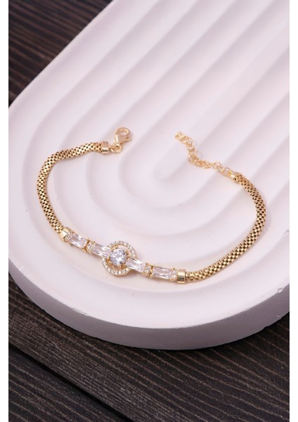 925 Ayar Gümüş Baget Ve Zirkon Taşlı Altın Kaplama Circle Bayan Bileklik