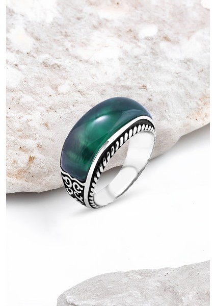 Yeşil Akik Taşlı Gümüş Erkek Yüzük