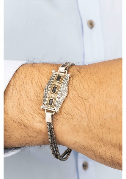 Üç Sıra Siyah Taş Detaylı Otantik Gümüş Erkek Bileklik