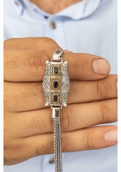 Üç Sıra Siyah Taş Detaylı Otantik Gümüş Erkek Bileklik fiyatları