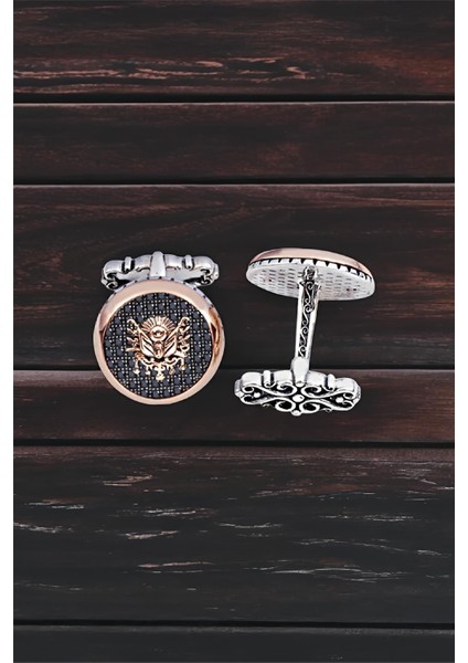 Gümüş Siyah Zirkon Taşlı Osmanlı Armalı Yuvarlak Kol Düğmesi