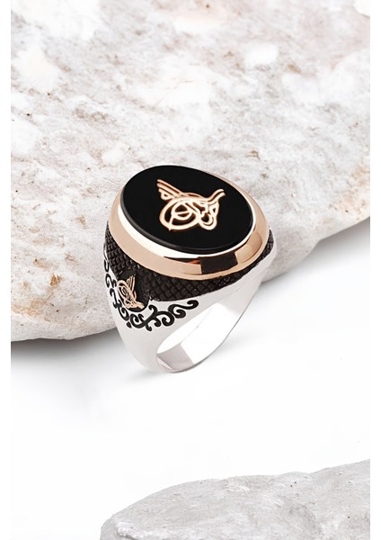 Gümüş Onix Taşlı Osmanlı Tuğralı Erkek Yüzük