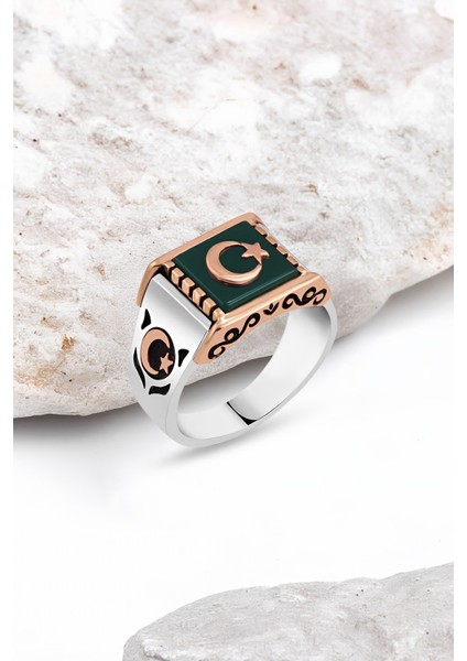 Yeşil Akik Taş Üzeri Ay-Yıldızlı Gümüş Erkek Yüzük