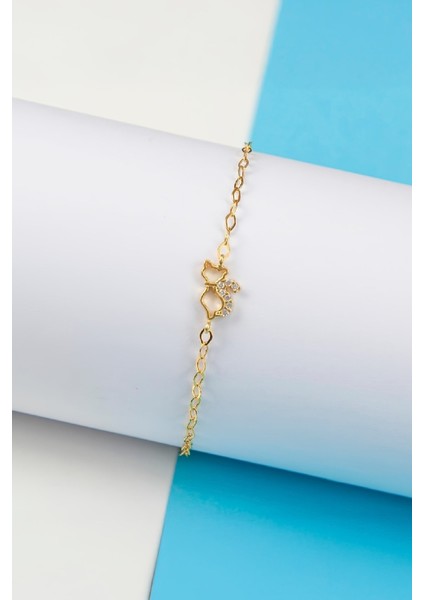 Altın Kaplama Zirkon Taşlı 925 Ayar Gümüş Minimal Kedi Bayan Bileklik