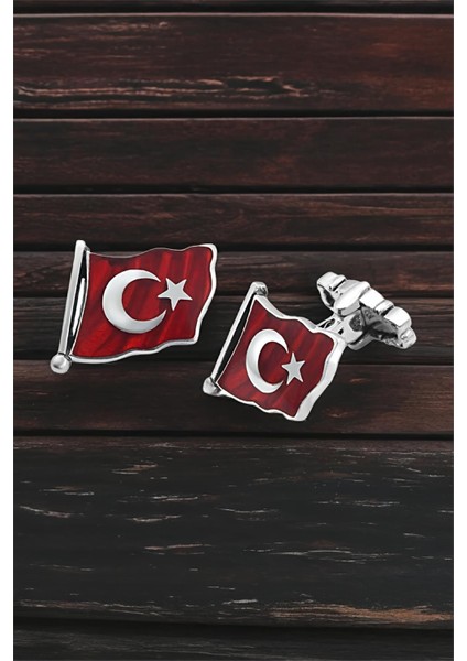 Gümüş Türk Bayraklı Mineli Kol Düğmesi