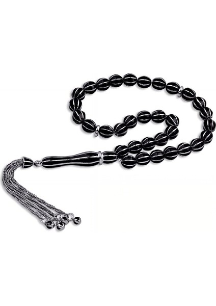 ​Gümüş Siyah Mineli Çizgili Tesbih