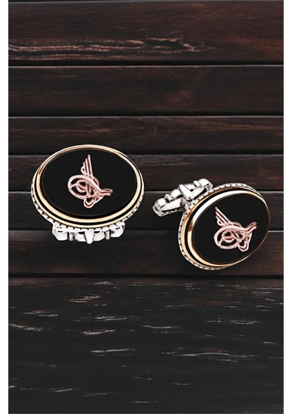 Gümüş Onix Taşlı Tuğralı Oval Tasarım Kol Düğmesi