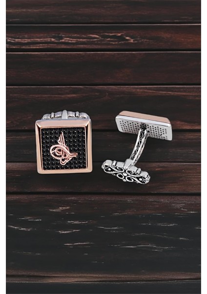 Gümüş Siyah Zirkon Taşlı Tuğralı Kare Kol Düğmesi