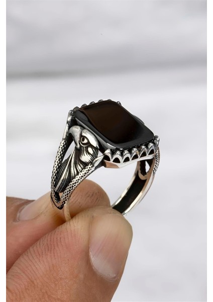 Kartal Motifli Oniks Taşlı Gümüş Serçe Parmak Erkek Yüzük