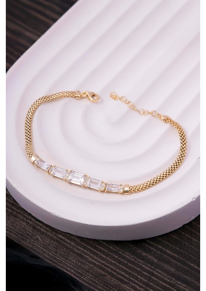 925 Ayar Gümüş Baget Taşlı Altın Kaplama Küp Zincir Triple Bayan Bileklik