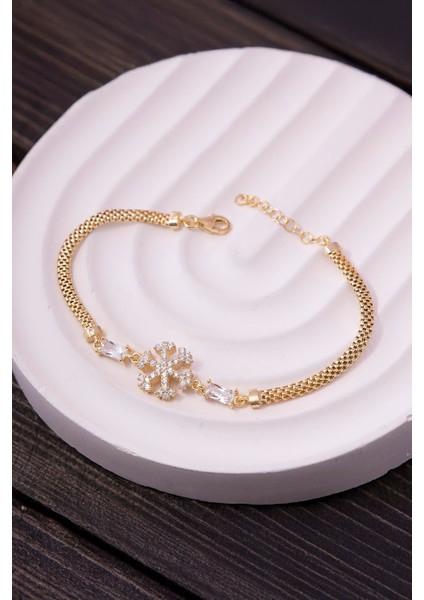 925 Ayar Gümüş Baget Taşlı Altın Kaplama Kar Tanesi Bayan Bileklik