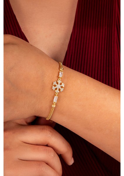 925 Ayar Gümüş Baget Taşlı Altın Kaplama Kar Tanesi Bayan Bileklik fiyatları