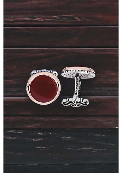 Gümüş Akik Taşlı Yuvarlak Model Kol Düğmesi