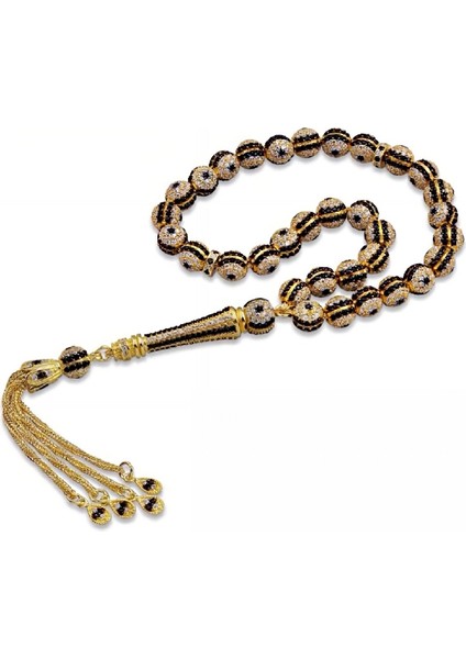 Gümüş Siyah Zirkon Taşlı Su Damlası Püsküllü Tesbih