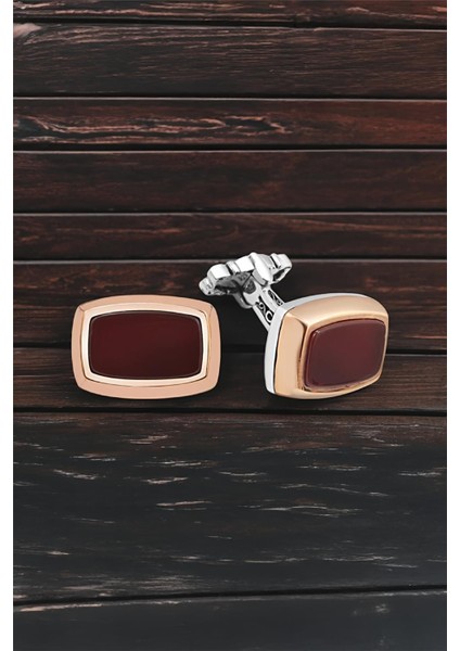 Gümüş Kırmızı Akik Taşlı Kol Düğmesi