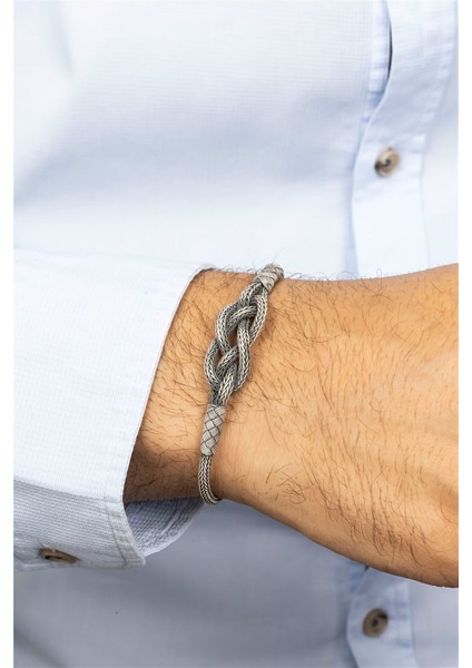 El İşi Düğüm Örgülü Hasır Gümüş Erkek Bileklik modelleri