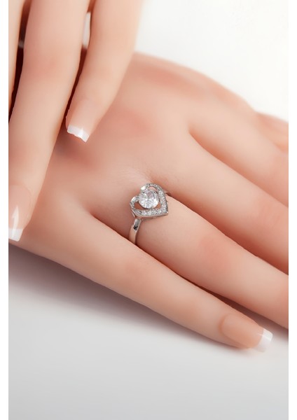 Rodyumlu 925 Ayar Gümüş Kalpli Bayan Yüzük fiyatları