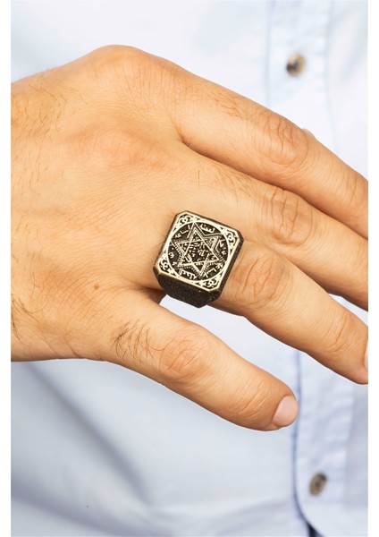 Kabartma Motifli Hz. Süleyman Mührü Gümüş Erkek Yüzük modelleri