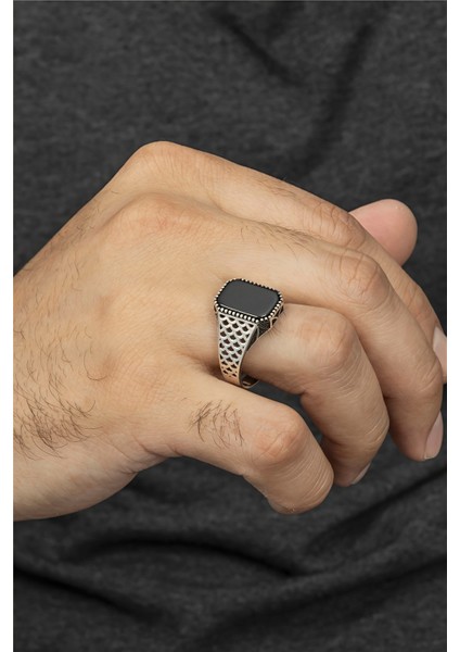 Siyah Oniks Taşlı File Motifli Gümüş Erkek Yüzük fiyatları