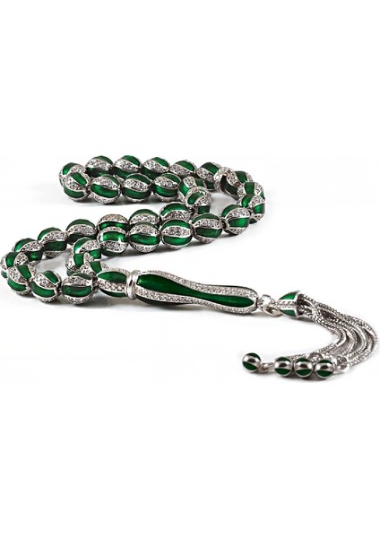 Yeşil Mineli Zirkon Taşlı Gümüş Tesbih