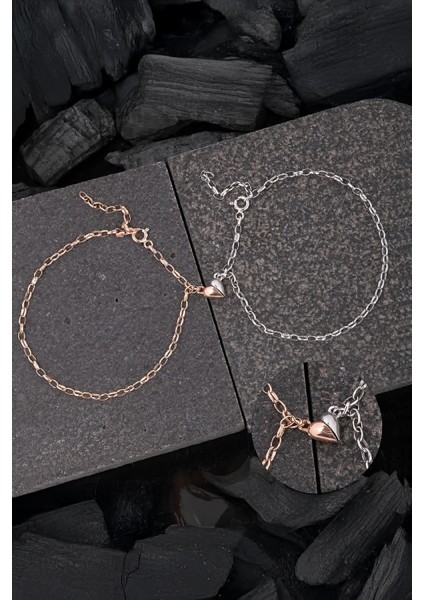 925 Ayar Gümüş Rodyum Rose Mıknatıslı Çift Kalp Aşk Bileklik