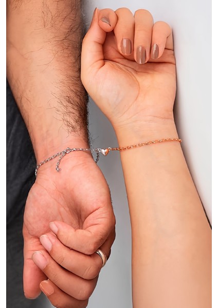 925 Ayar Gümüş Rodyum Rose Mıknatıslı Çift Kalp Aşk Bileklik modelleri