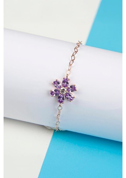 Mor Zirkon Taşlı Rose Renk 925 Ayar Gümüş Çiçek Bayan Bileklik