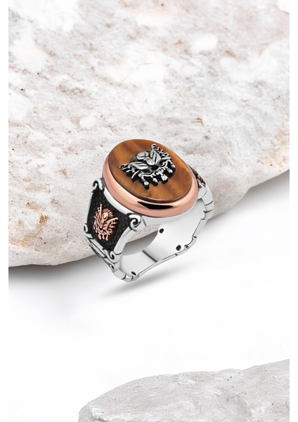 Kaplan Gözü Taş Üzeri Osmanlı Devlet Armalı Gümüş Erkek Yüzük