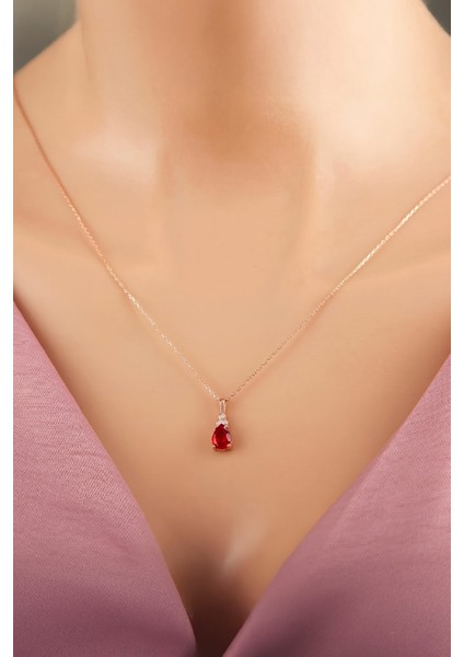 Kırmızı Zirkon Taşlı Rose Renk 925 Ayar Gümüş Bayan Kolye fiyatları