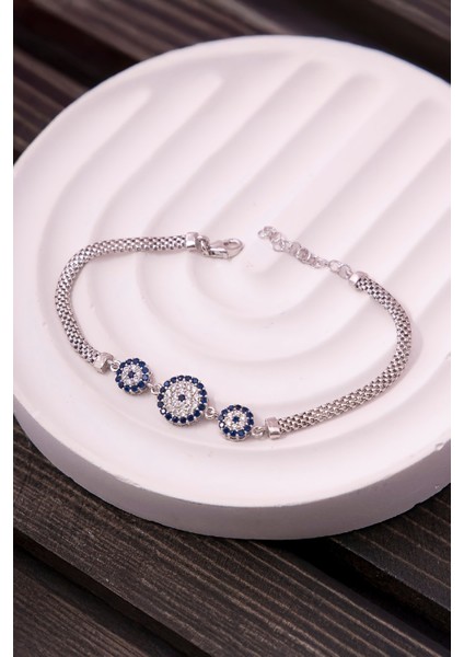 925 Ayar Gümüş Baget Taşlı Rodyumlu Nazarlık Bayan Bileklik