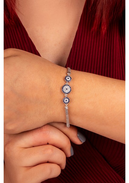 925 Ayar Gümüş Baget Taşlı Rodyumlu Nazarlık Bayan Bileklik fiyatları