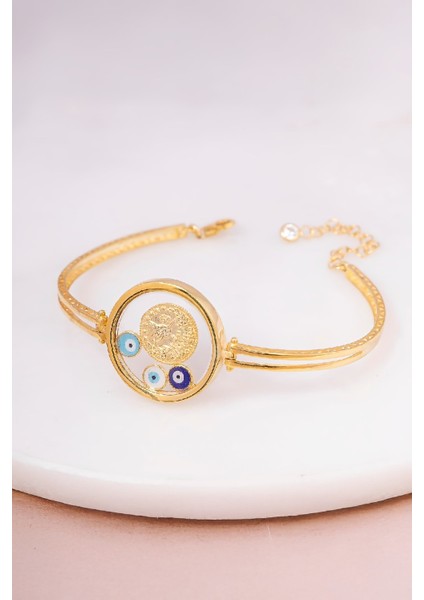 925 Ayar Gümüş Altın Kaplama Nazarlıklı Osmanlı Parası Çerçeve Bayan Bileklik