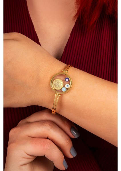 925 Ayar Gümüş Altın Kaplama Nazarlıklı Osmanlı Parası Çerçeve Bayan Bileklik fiyatları