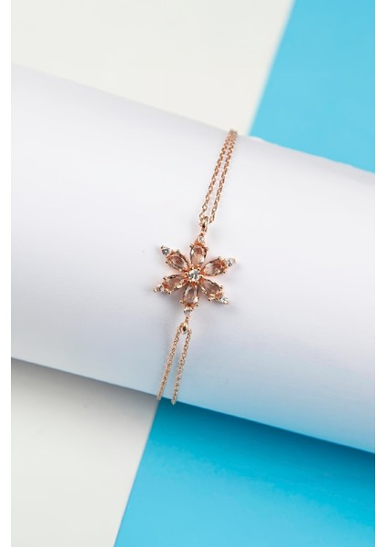 Sitrin Taşlı Rose Renk 925 Ayar Gümüş Çiçek Bayan Bileklik