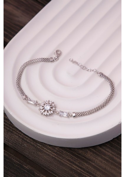 925 Ayar Gümüş Rodyumlu Baget Taşlı Zirkon Süslemeli Çiçek Bayan Bileklik