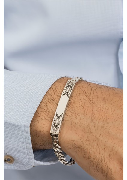 Geometrik Desenli Plaka Tasarım Gümüş Erkek Bileklik