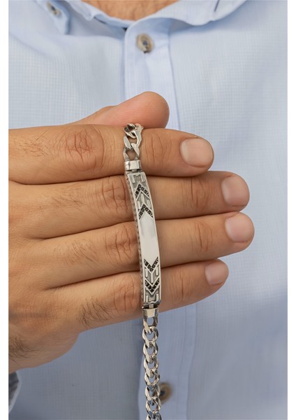 Geometrik Desenli Plaka Tasarım Gümüş Erkek Bileklik fiyatları