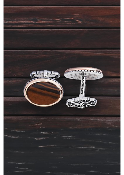 ​​​​​​Gümüş Kaplan Gözü Taşlı Oval Kol Düğmesi