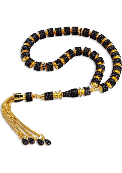 Siyah Zirkon Taşlı Altın Renk Özel Gümüş Tesbih