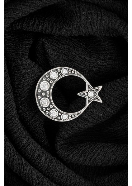 925 Ayar Gümüş Zirkon Taşlı Ayyıldız Rozet