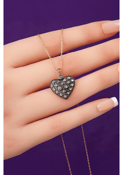 925 Ayar Gümüş Zirkon Taşlı Karartmalı Bayan Kalp Kolye fiyatları