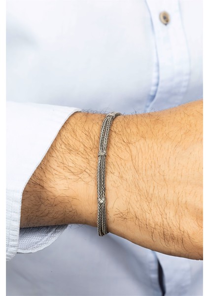 Çift Sıra Düğümlü Hasır Gümüş Erkek Bileklik