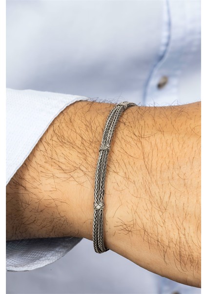 Çift Sıra Düğümlü Hasır Gümüş Erkek Bileklik modelleri