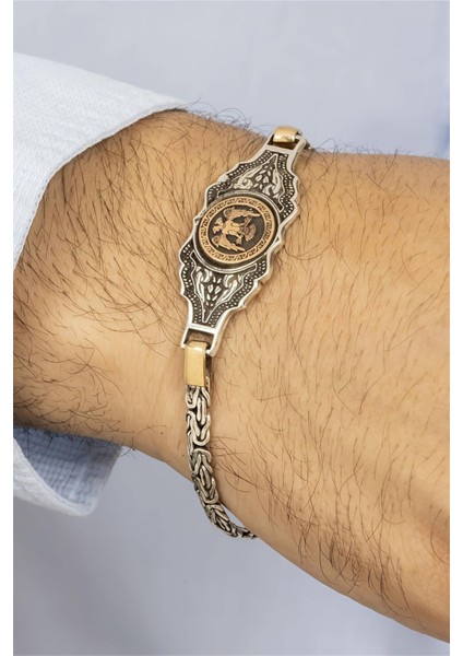 Selçuklu Kartal Figürlü Kral Zincirli Plaka Gümüş Erkek Bileklik