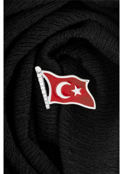 925 Ayar Gümüş Zirkon Taşlı Türk Bayrağı Bayan Rozet