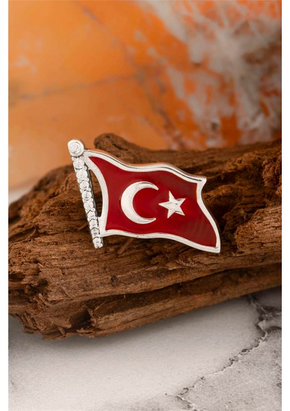 925 Ayar Gümüş Zirkon Taşlı Türk Bayrağı Bayan Rozet fiyatları