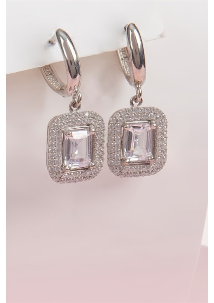 Full Zirkon Taşlı Dikdörtgen Model Rodyumlu 925 Ayar Gümüş Küpe