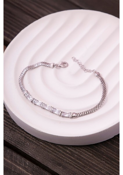 925 Ayar Gümüş Full Baget Taşlı Rodyumlu Küp Zincir Bayan Bileklik