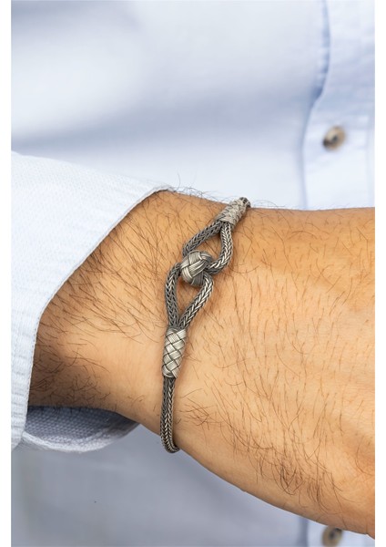 El İşi Çift Düğüm Örgü Model Gümüş Erkek Bileklik