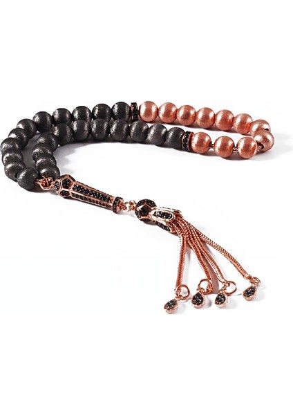 Gümüş Pudra Rengi Siyah Zirkon Taşlı Tesbih